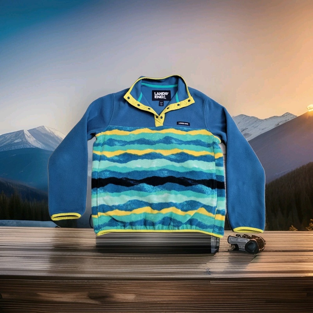 💙Lands' End Fleece Pullover Kids S (6-8) Heritage Snap-Neck Multicolor Wave